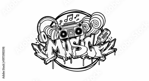 Graffiti-style illustration of music elements like headphones, boombox, and microphone