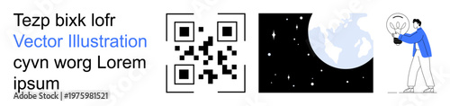 QR codes, ideas, exploration, innovation, knowledge, technology. QR code, globe in space person with light bulb. Ideas and exploration by the light bulb and earth concept