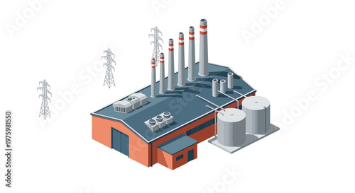 Industrial factory with smokestacks and storage tanks, representing manufacturing and energy production in a modern industrial landscape with power lines