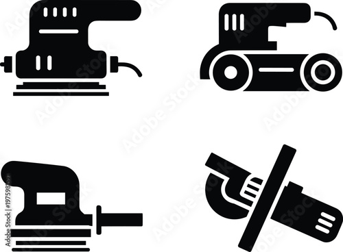 Power tool sander and grinder silhouette vector icon set featuring electric sander belt sander orbital sander and angle grinder isolated on white background