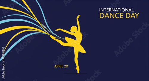 International dance day banner with yellow ballerina and blue ribbons