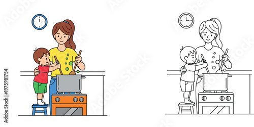 Happy mother and little son cooking food together at the stove, colored vector illustration and black and white coloring page line art for kids.