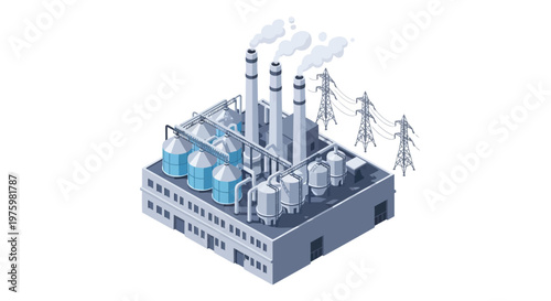 Industrial power plant with smokestacks and power lines, representing energy production and heavy industry