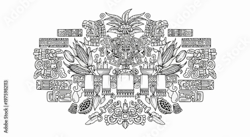 Intricate ancient glyphs, symbols, and agricultural bounty in monochromatic