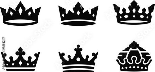 Royal crown silhouette vector collection featuring ornate king queen and imperial tiara designs as bold black icons on white background