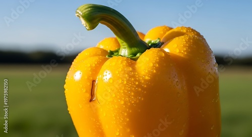 Fresh Yellow Bell Pepper with Water Drops in Sunlight