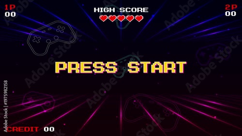 PRESS START. insert coin to continue. pixel art 8 bit. Retro Futurism Sci-Fi Background. glowing neon grid. and stars from vintage arcade computer games.