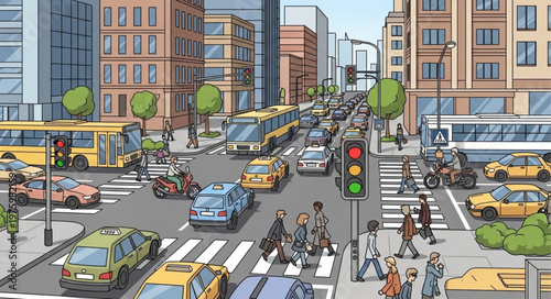 Bustling City Intersection with Cars, Buses, and Pedestrians.