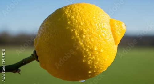 Fresh Yellow Lemon with Water Drops on Branch