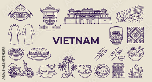 vietnam landmarks and street food art, hand drawn hanoi sketches, aesthetic vietnamese culture doodles, creative vietnam tourism line art, minimal asian travel icons, scrapbook vietnam travel elements