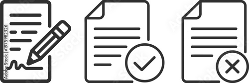 Document icons set featuring approval, denial, verification, and validation symbols, representing workflow, process management, business operations, and office documentation.