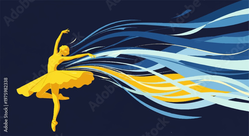 Flowing ribbons and yellow ballerina vector illustration for dance gala