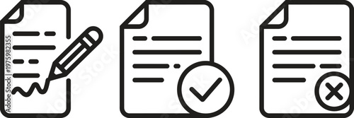 Document icons set featuring approval, denial, verification, and validation symbols, representing workflow, process management, business operations, and office documentation.