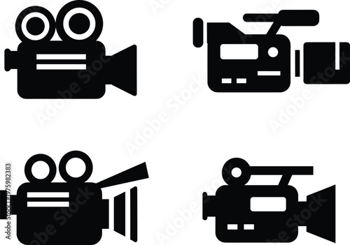 Video camera equipment silhouette vector icon collection featuring camcorder film camera cinema camera and recording devices arranged in grid layout isolated on white background