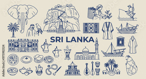 sri lanka travel and nature sketches, hand drawn colombo landmarks, aesthetic sri lankan culture doodles, creative sri lanka tourism line art, minimal tropical island icons, scrapbook sri lanka travel