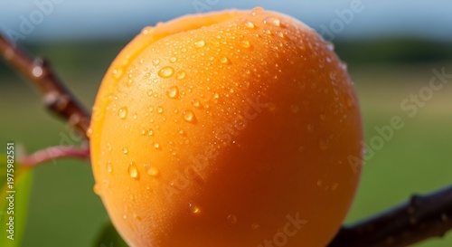 Ripe Apricot Fruit with Water Droplets on Branch