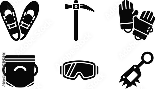 Winter climbing gear silhouette vector set featuring snowshoes ice axe gloves goggles and crampon equipment arranged in grid layout isolated on white background