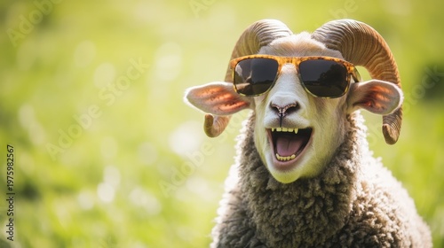 Funny sheep wearing sunglasses smiling animal portrait outdoor nature