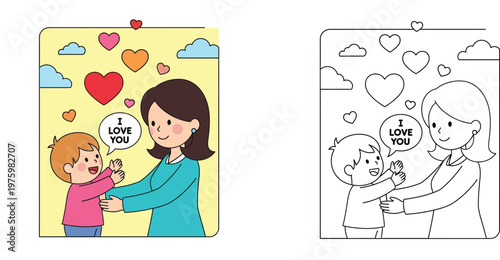 Little boy telling I love you to his mother, colored vector illustration and black and white coloring page line art for kids.