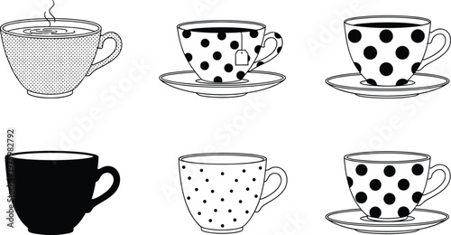 Black and White Coffee Cup Set with Polka Dot Patterns for Beverage, Cafe, and Kitchenware Vector Illustration Designs
