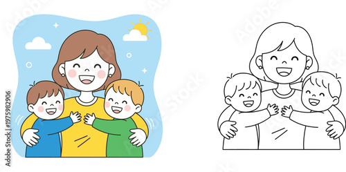 Happy mother hugging her two little sons, colored vector illustration and black and white coloring page line art for kids.