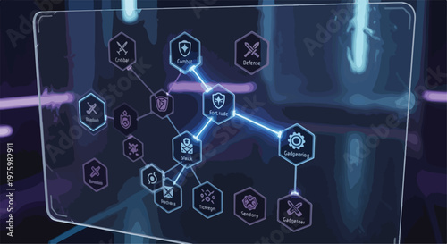 Futuristic RPG skill tree interface with glowing blue neon icons, digital gaming ability map on glass screen, cyberpunk character progression system for video game design isolated PNG with