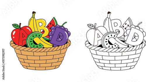Educational Fruit Basket with Alphabet Letters A B C D Vector Illustration, Coloring Page and Color Version for Kids Learning Activity and Preschool Education
