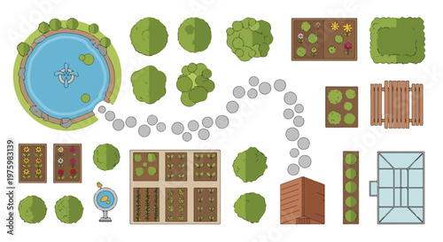 Landscape design elements in top view vector set, garden planning icons with trees and pond, backyard architectural map symbols for park layout and outdoor landscaping isolated PNG with