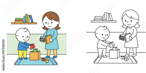 Mother and toddler son tidying up toys and books in a room, colored vector illustration and black and white coloring page line art for kids.