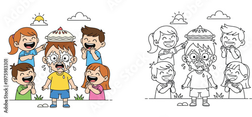 Group of happy children laughing at a boy with a pie on his face, colored vector illustration and black and white coloring page line art for kids.