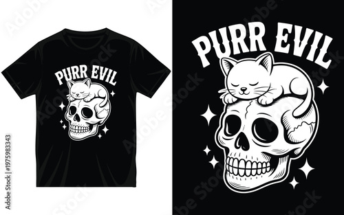 Purr Evil T-Shirt Design with Cute Kitten Sleeping on Skull, Funny Cat Pun Gothic Vector Illustration