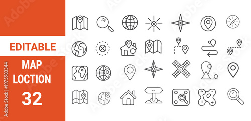 Map Location icon set. Contain icons related to pin, flag, map, navigation, marker, address, position and more.