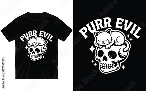 Purr Evil T-Shirt Design with Cute Kitten Sleeping on Skull, Funny Cat Pun Gothic Vector Illustration