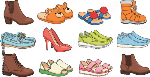 Footwear Collection with Boots, Heels, Sneakers, and Sandals for Fashion, Casual Wear, and Shoe Design Vector Illustration