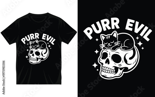 Purr Evil T-Shirt Design with Cute Kitten Sleeping on Skull, Funny Cat Pun Gothic Vector Illustration