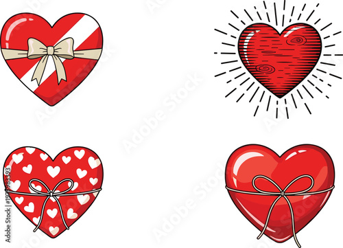 Romantic Heart Gift Set with Ribbon, Patterns, and Love Symbols for Valentine, Wedding, and Celebration Vector Illustration Designs