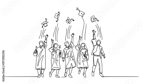 One line graduates throwing caps celebration illustration dynamic graduation group line art vector