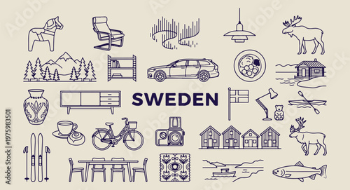 sweden travel and culture doodles, hand drawn stockholm landmarks, aesthetic scandinavian design sketches, creative swedish icons line art, minimal sweden tourism elements, scrapbook nordic travel dra