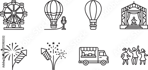 Black and white line of carnival line black and white ferris wheel hot air balloons stage