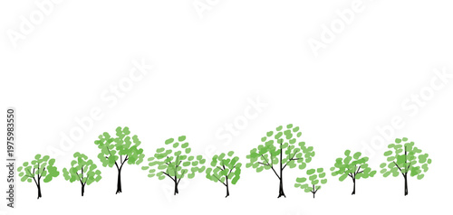 Hand drawn green trees row horizontal landscape border vector illustration