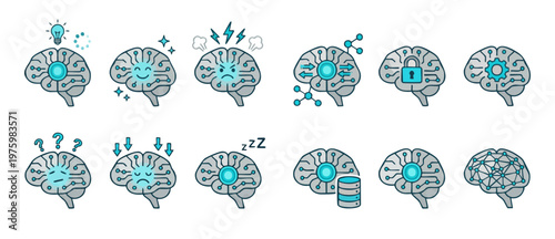 Artificial Intelligence Brain Icons Set, Digital Human Brain Symbols, Machine Learning Neural Network Concepts, Computer Science Technology Vector Illustrations for UI Design, Data Processing Moods an