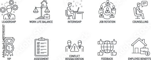 Human Resources Line Icon Set Featuring Leadership Work Life Balance Internship Job Rotation Counseling Feedback Employee Benefits