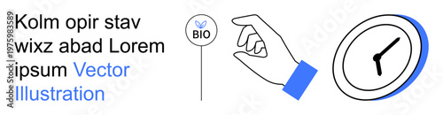 Environmental awareness, sustainability, eco-friendly practices, time management, mindful choices, bio-conscious living. A hand holds a BIO sign with a clock nearby. Environmental awareness