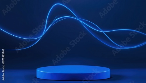 A glowing blue circular platform illuminated by flowing neon light trails against a dark blue background.