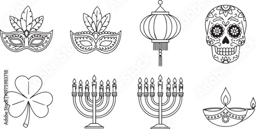 Black and white line of various cultural symbols line black and white masks sugar skull lantern