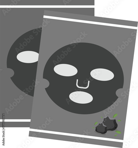 Charcoal Sheet Mask Sachet Vector Illustration with Activated Carbon Icons. Perfect for themes related to skincare routines, beauty products, spa treatments, and detoxifying cosmetics