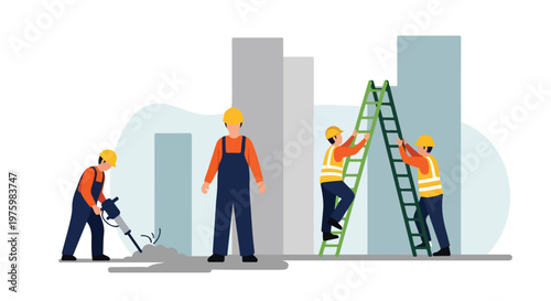 Construction workers in safety gear at building site, industrial laborers with jackhammer and ladders, professional builders in hard hats and vests