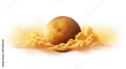 Radiant golden planet emerging from swirling cosmic clouds with a mystical glow