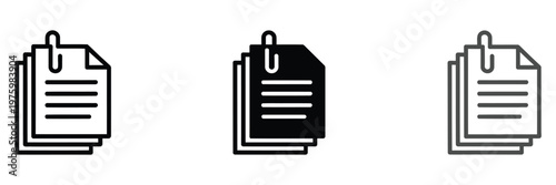 Minimalist document icon set featuring three stacked sheets and paperclip, symbolizing office files, document management, digital workflow, and user interface.