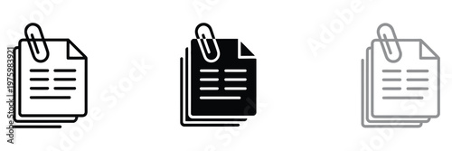 Minimalist document icon set featuring three stacked sheets and paperclip, symbolizing office files, document management, digital workflow, and user interface.